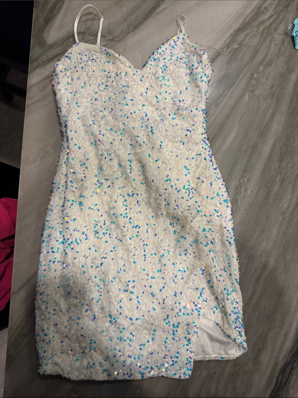 White Sequin Spaghetti Strap Dress